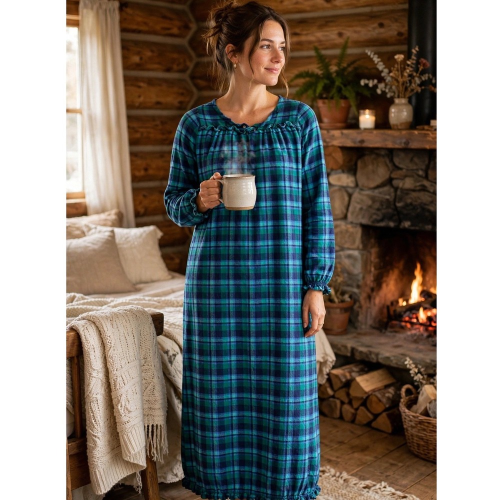 Orvis Flannel Night Gown Womens Small Green Navy Blue Plaid Long Sleeve USA